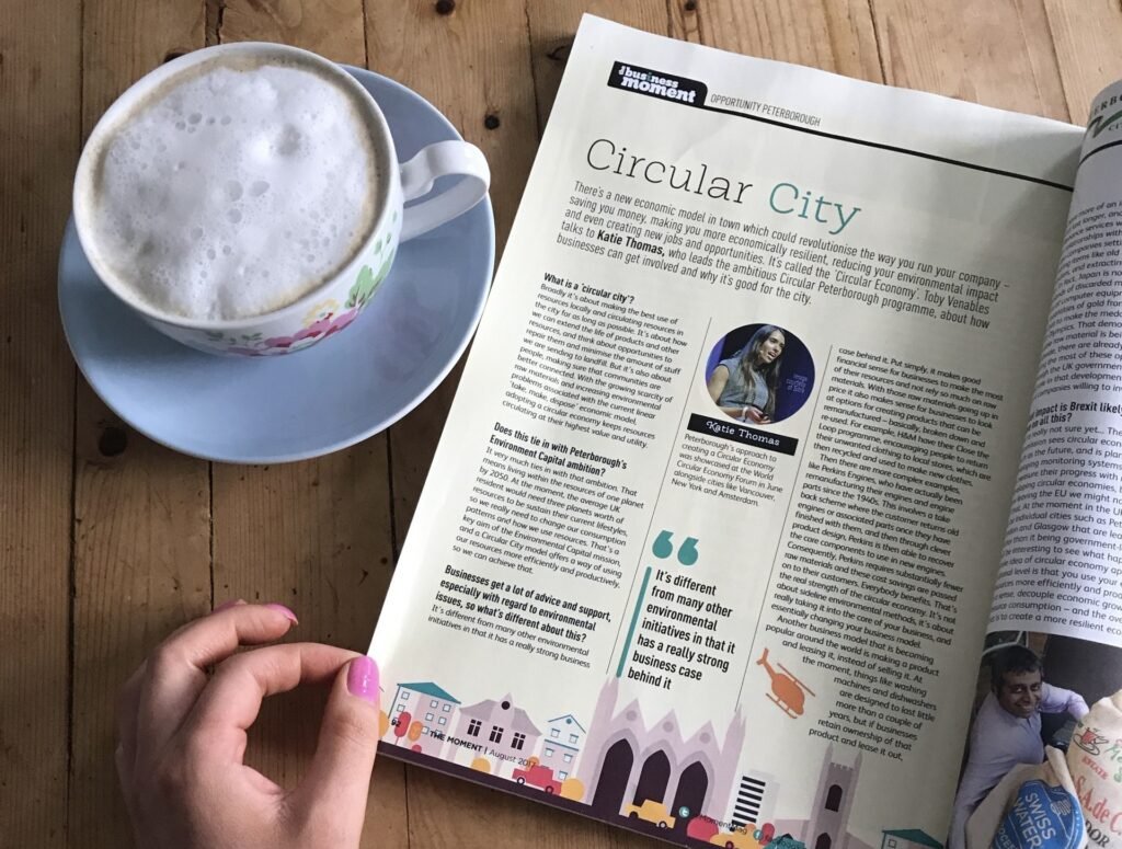 Image of coffee cup and article about Peterborough applying circular economy principles at scale